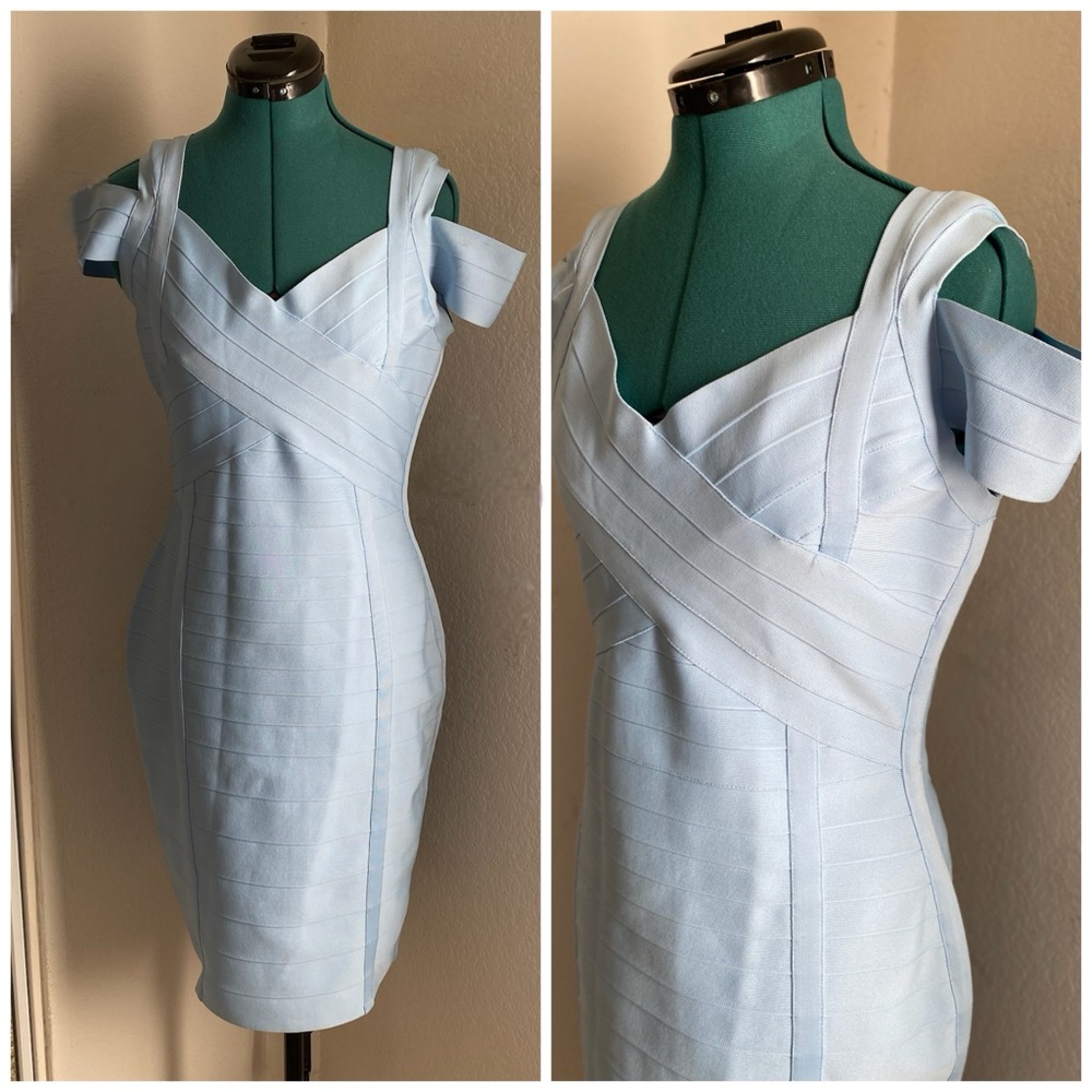 Chic Light Blue Bandage Off-Shoulder Mini Dress Size XL